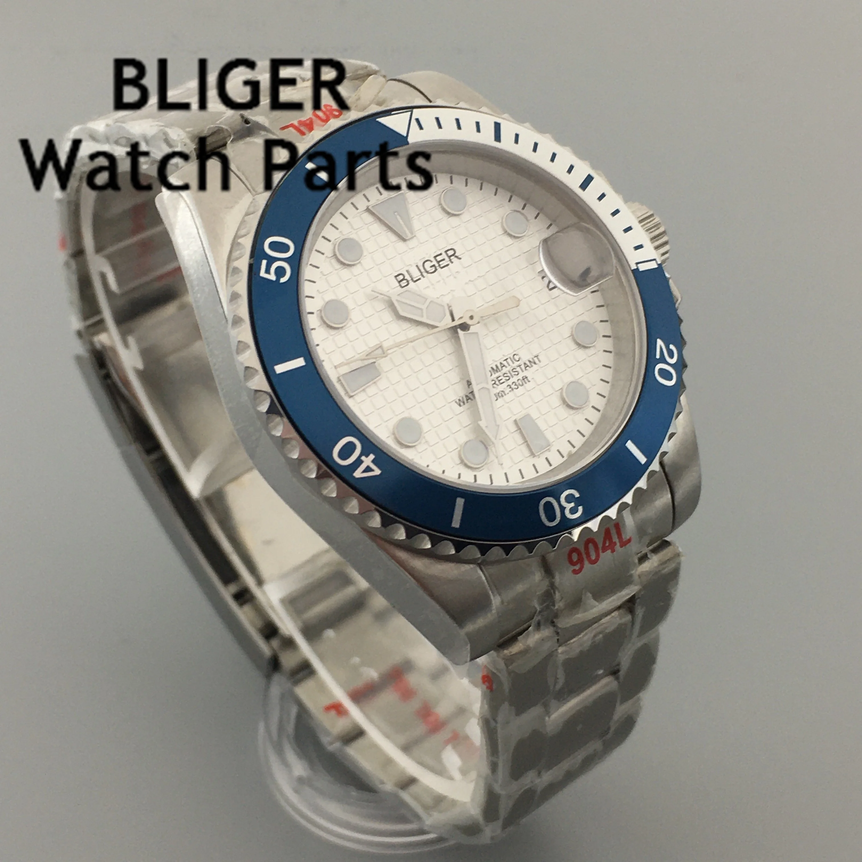 

BLIGER 40mm Silver Dial Automatic Mechanical Men's Wristwatch Sapphire Glass Date blue GMT Ceramic bezel Luminous hands marks