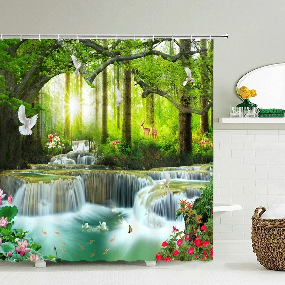 Bathroom shower curtain 3D nature forest landscape print polyester waterproof curtain home decoration curtain with hook 180x200