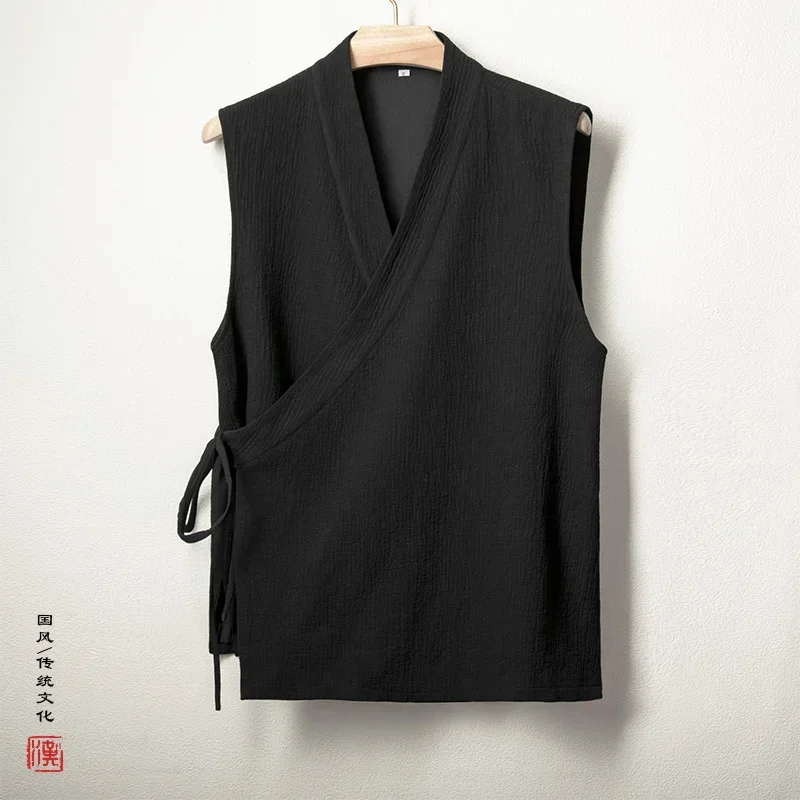 

2024 Chinese Traditional Vests Men Linen Cotton Sleeveless Hanfu Vest Men Black Tang Suit Kimono Cardigan Men's Slit Top