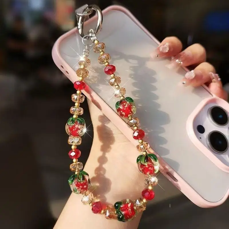 Luminous Crystal Persimmon Phone Charm Bag Key Pendant Elegant Hanging Rope for Handbags Backpacks