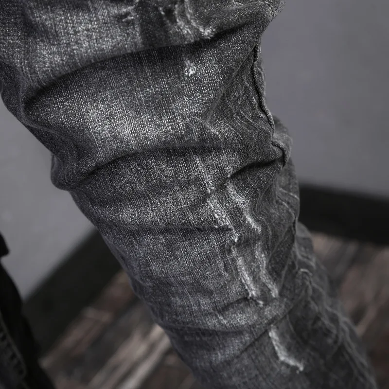 Streetwear Fashion Men Jeans Retro Black Gray Elastic Slim Ripped Jeans Men Trousers Vintage Designer Casual Denim Pants Hombre