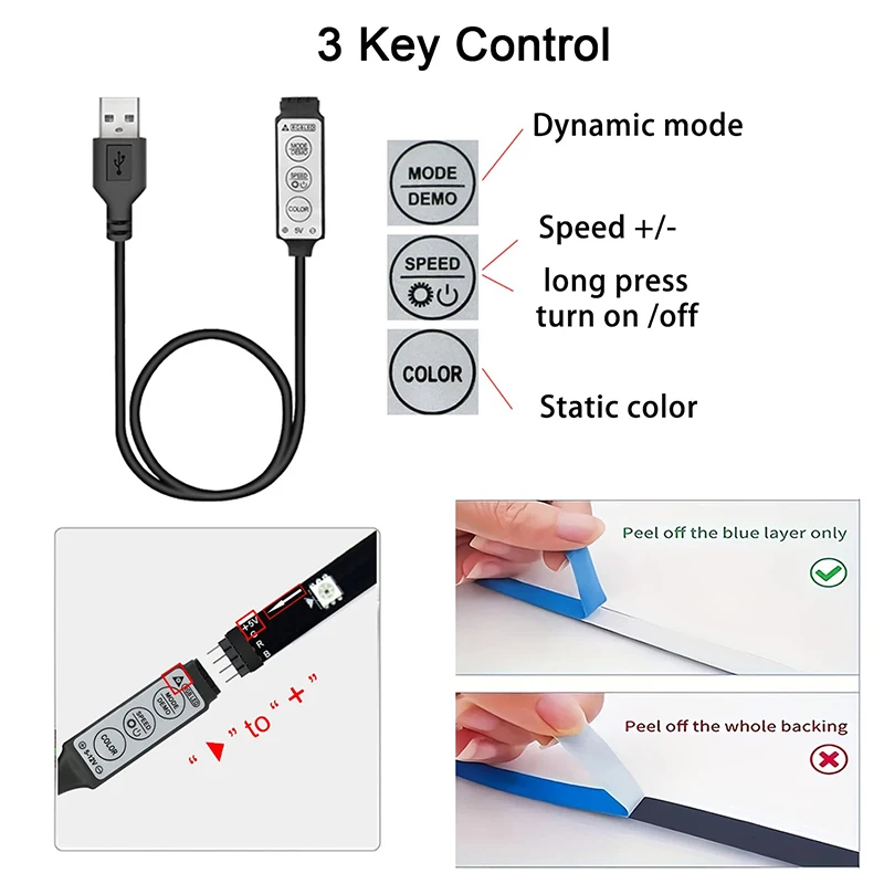 3 Key Led Strip Lights Rgb5050 Tv Backlight Smart Led Tape Light 5V Flexible Led Lighting Strips Adhesive Usb Led Lights Strip