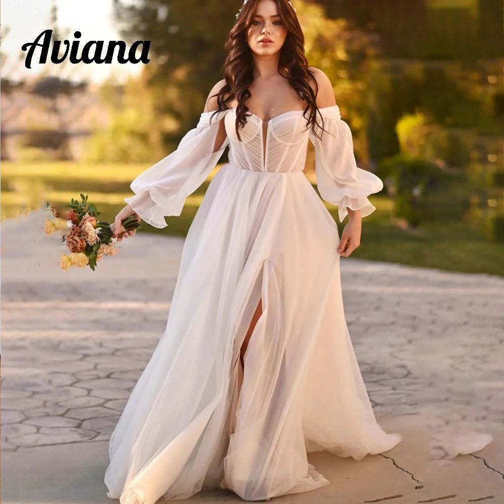 

Aviana Elegant Organza Wedding Dresses Off The Shoulder V-Neck Bridal Gowns Sweep Train Side Slit свадебное платье Custom Made