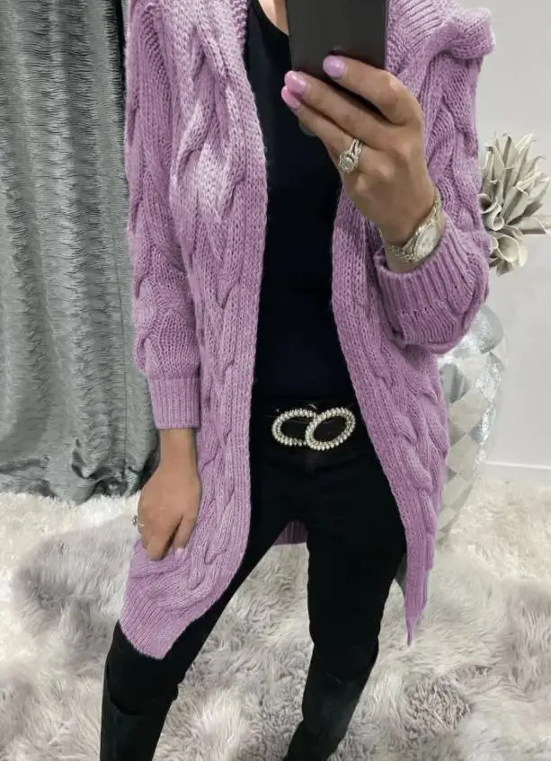 

Women's Fashion New Hooded Pocket Knit Cardigan Autumn & Winter Fried Dough Twists Sweater Solid Color Casual Long Knitted Coat