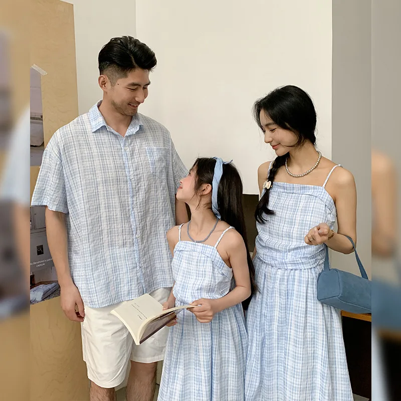 2026 Summer Family Matching Outfits Gingham Plaid Shirt & Cami Midi Dress Set Casual French Style Beach Wear