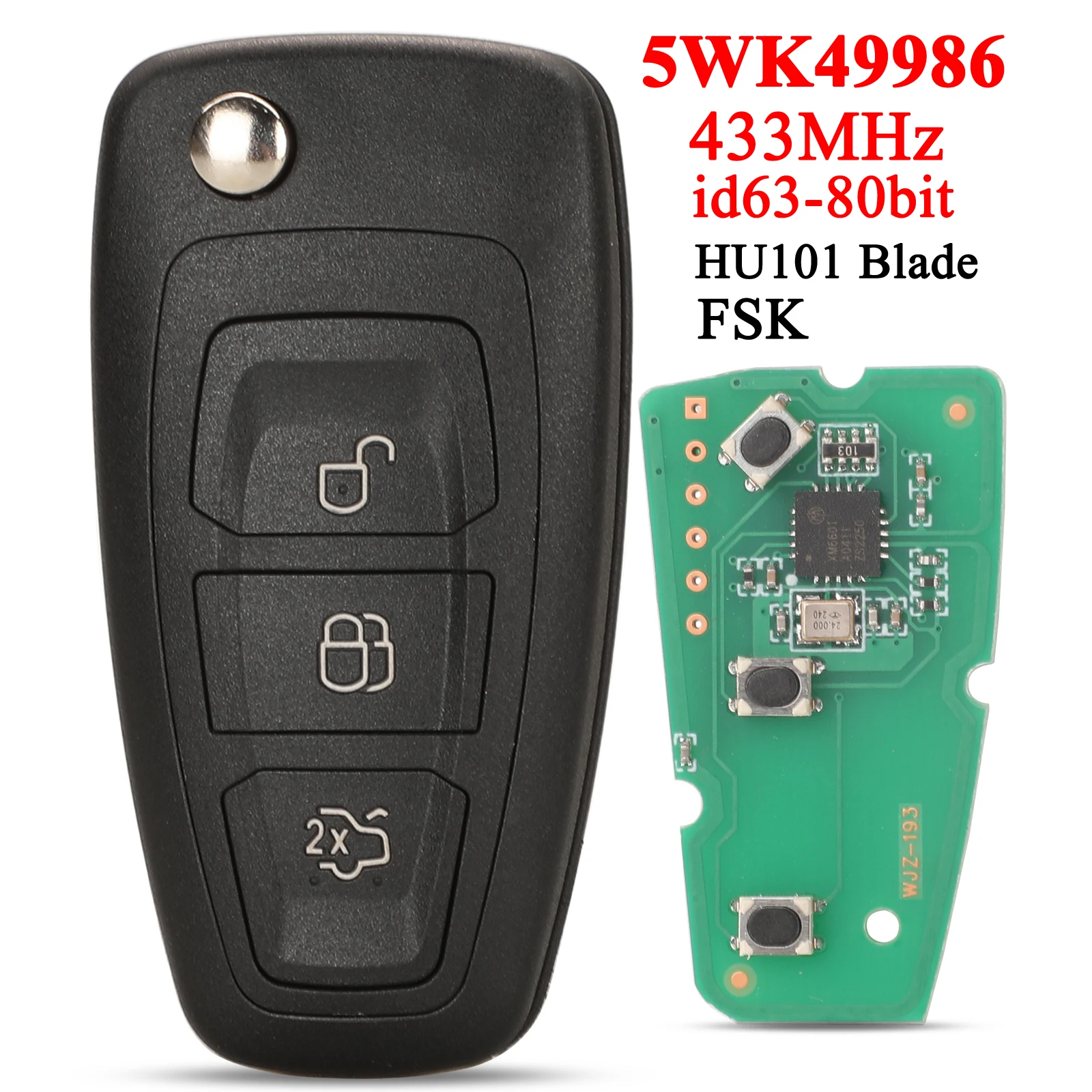 Jingyuqin Auto-Fernschlüssel 4D63 FSK 433 MHz für Ford C-Max Focus Galaxy Ranger Mondeo S-Max HU101 2/3 BT 5WK50165 / 5WK49986