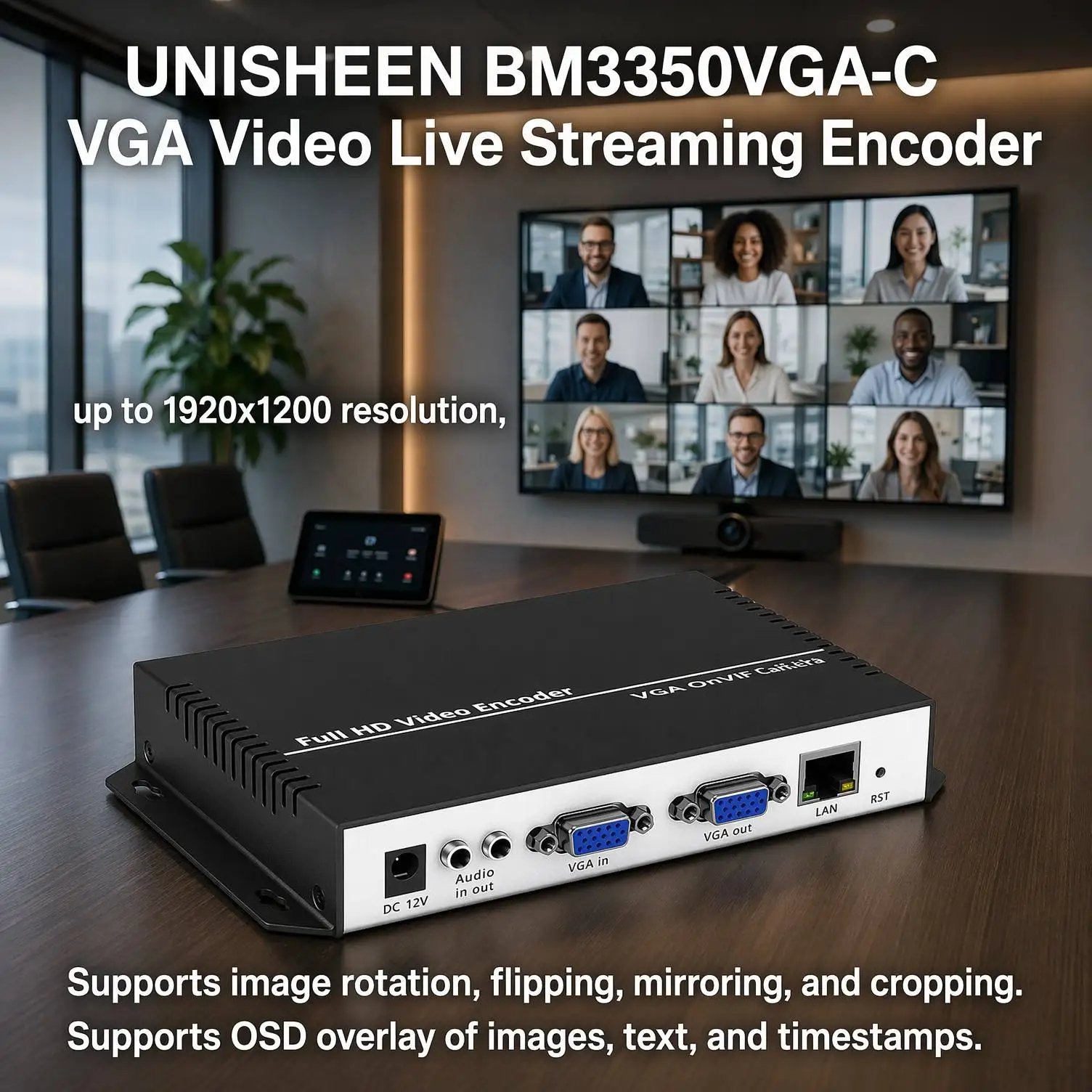 UNISHEEN BM3350VGA-C Recorder NVR Transmit Compus Computer Monitor Live Streaming WebRTC RTSP SRT ONVIF IP VGA Video Encoder