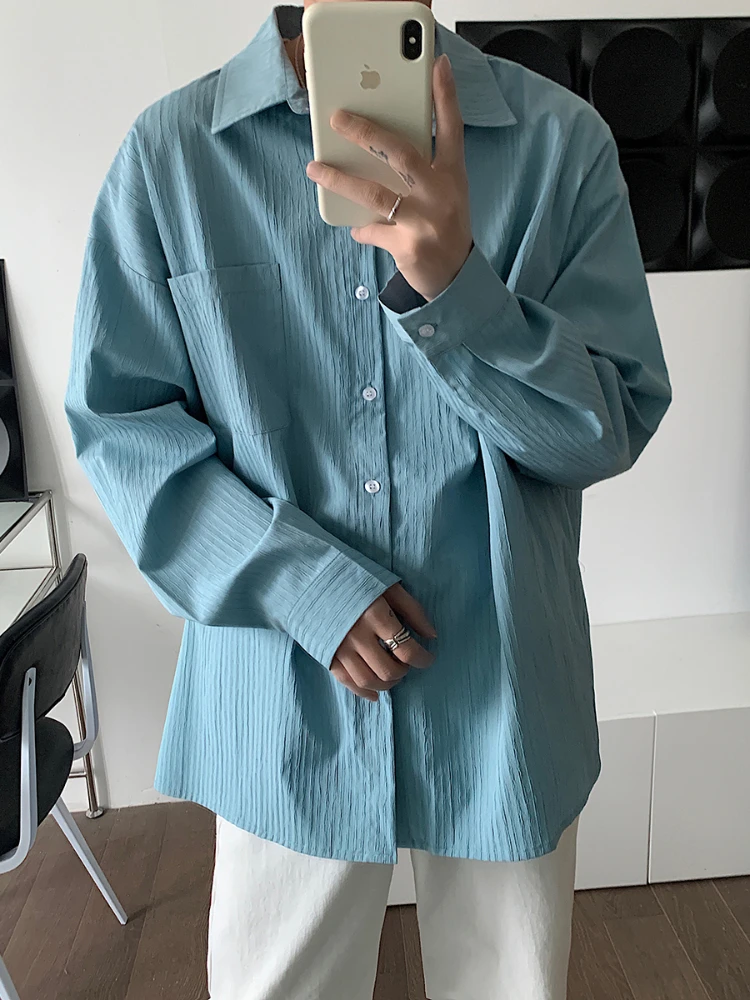 

Striped Shirts Men Solid Simple Daily Korean Style Loose Pleated Temperament Long Sleeve Hipster Handsome Minimalist Slouchy Ins