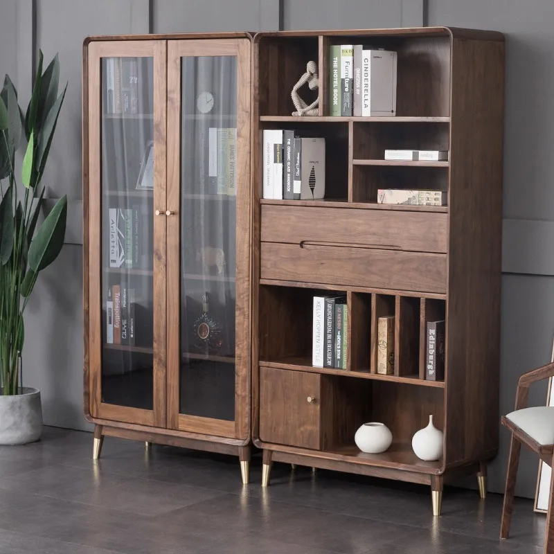 North American black walnut all solid wood bookcase, multi-functional baffle adjustable vertical wine cabinet, storage cabinet