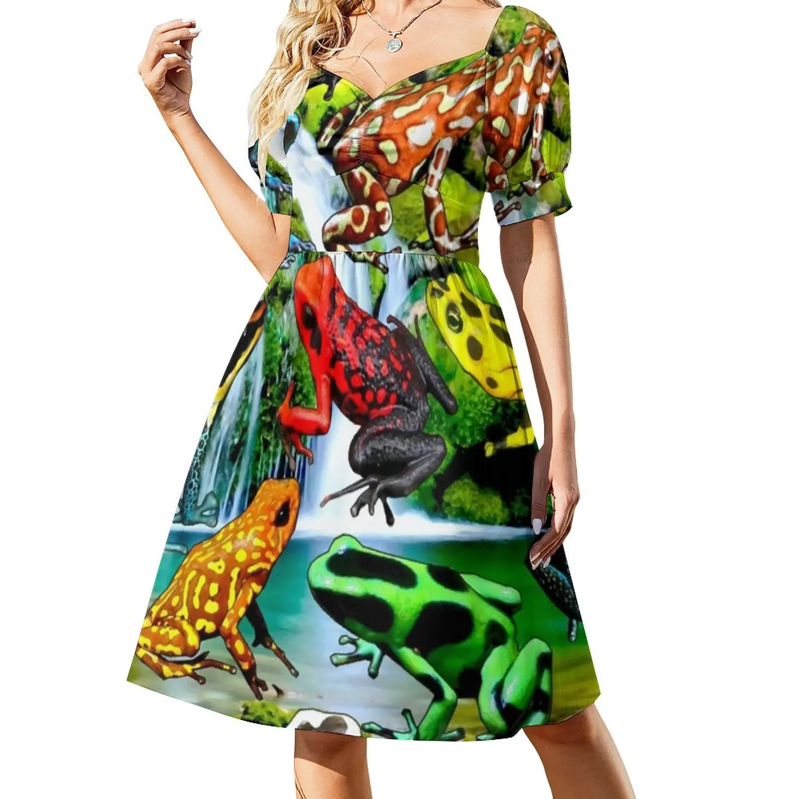 Rainforest Frog Casual Dress Colorful Poison Frogs Street Style Dresses Short Sleeve Kawaii Dress V Neck Print Oversized Clothes