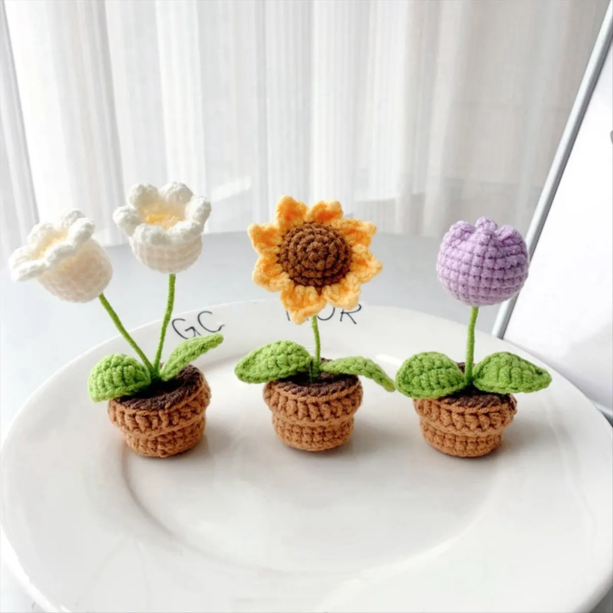 A56K C Hand-Knitted Flowers Potted Crochet Artificial Plants Finished Woven Gift