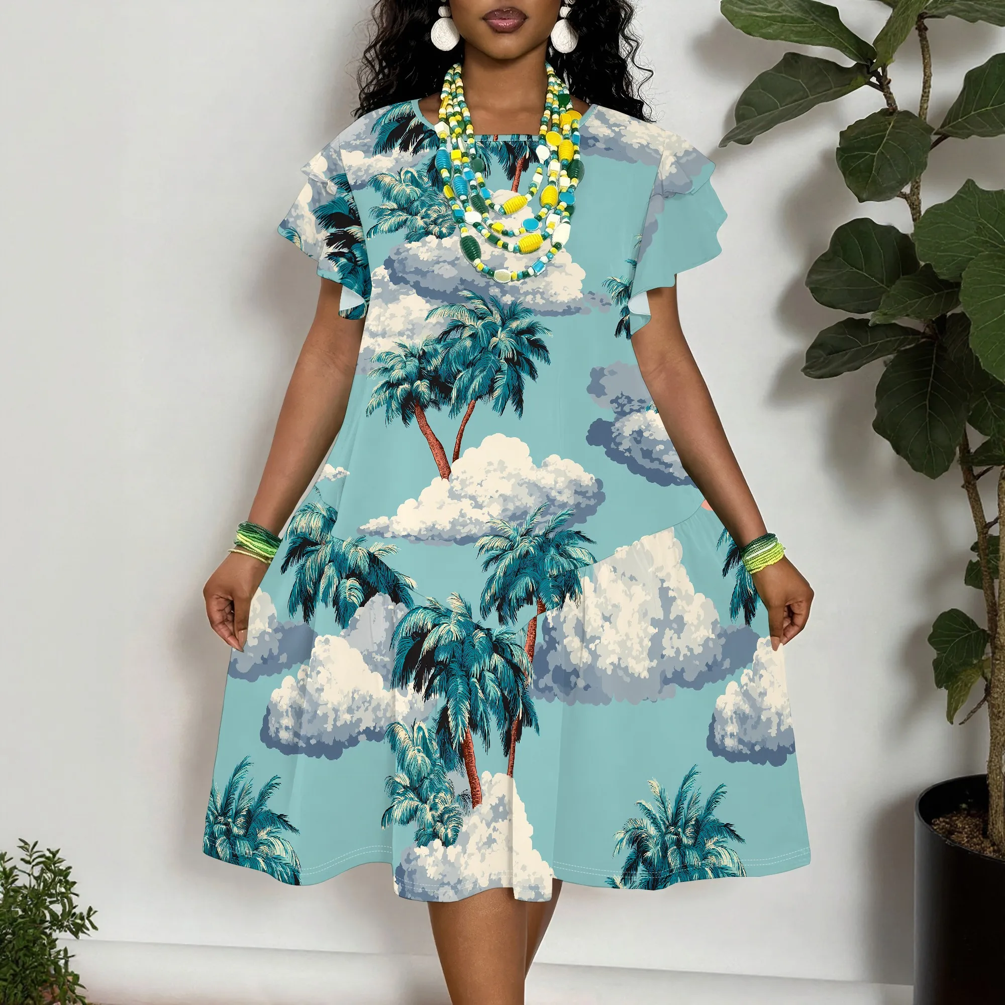 

Tropical Palm Tree Print Short Sleeve Dress for Women Summer Beach Vacation Casual Loose Fit T-Shirt Dress