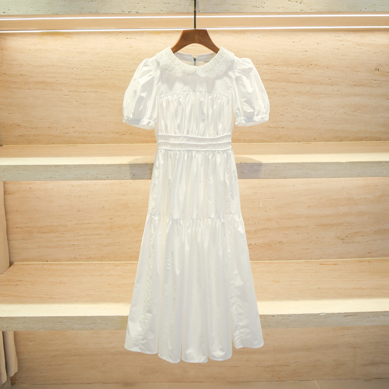 

High-End Women's Lace Doll Collar Bubble Sve Waist-Cinching Dr Princ Sle A-Line Long Summer Dr