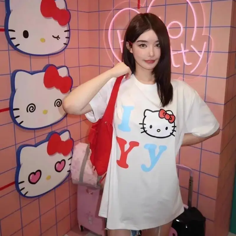 Short-Sleeved Sanrio Summer Pure Cotton Unisex T-Shirt Hello Kitty Trendy Cartoon Print Loose Casual Versatile Street Fashion