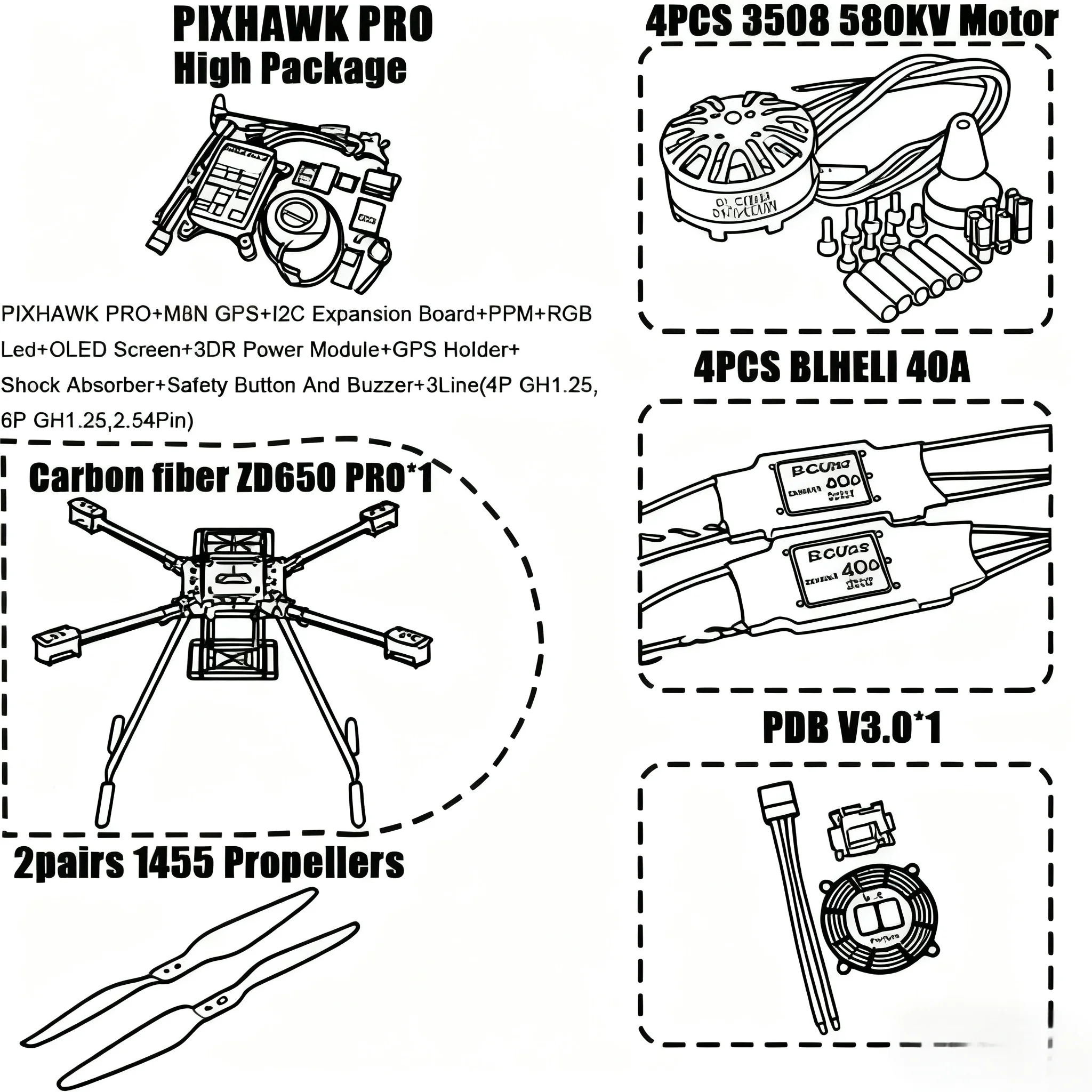 

HanNiu ZD650 PRO 650 мм Ardupilot Pixhawk Рама квадрокоптера из углеродного волокна FPV Quad с посадочным двигателем из углеродного волокна ESC 40A