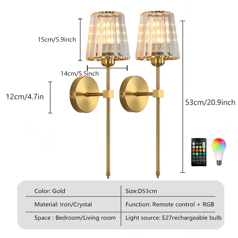 DARHYN Wiederaufladbare Wandleuchte, Kristallglas, RGB, wiederaufladbar, E27-Glühbirne, dimmbar, für Wohnzimmer, Schlafzimmer, Flur, Hotel, LED-Umgebungsbeleuchtung 5