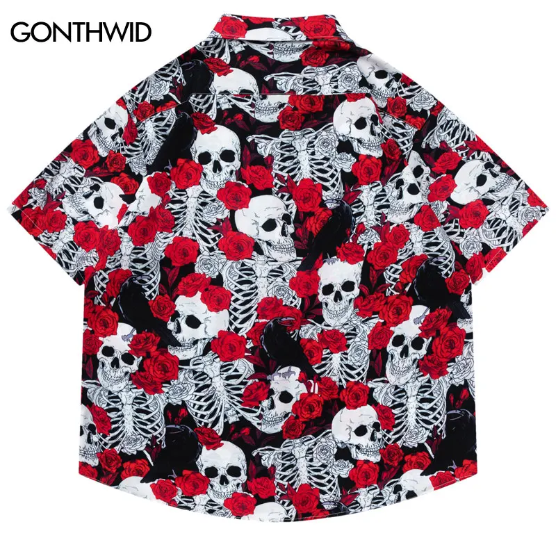 Mens Summer Hawaiian Shirt Streetwear Hip Hop Skeleton Skull Floral Rose Print Short Sleeve Button-Up Beach Shirts Punk Clothing