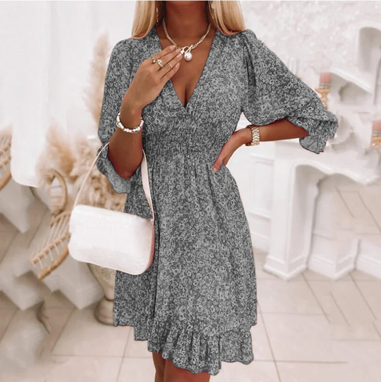 Nowa sukienka damska Boho Print Floral Summer Fashion V Neck Short Sleeve Office Elegnat Casual Dresses Female Sweet Beach Dress Robe