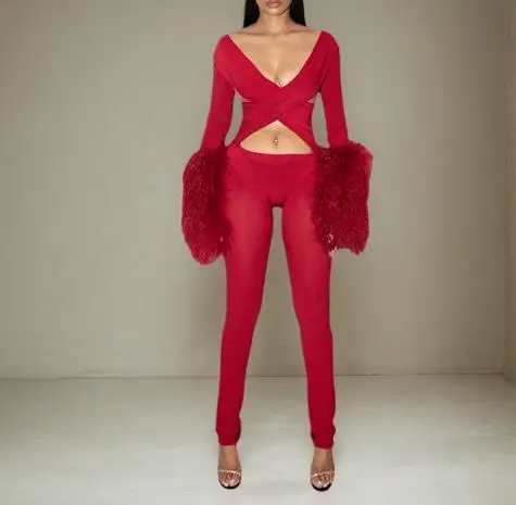 

Women's Autumn Winter Deep V-Neck Furry Patchwork Jumpsuit Long Sleeve Hollow Cross Design Warm Clothing