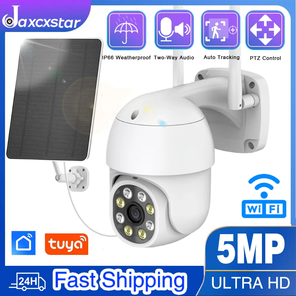 Tuya 5MP HD WiFi Solar Camera Outdoor IP66 Waterproof Wifi Camera Two Way Audio IR & Colorful Night Vision  Smart Home Security