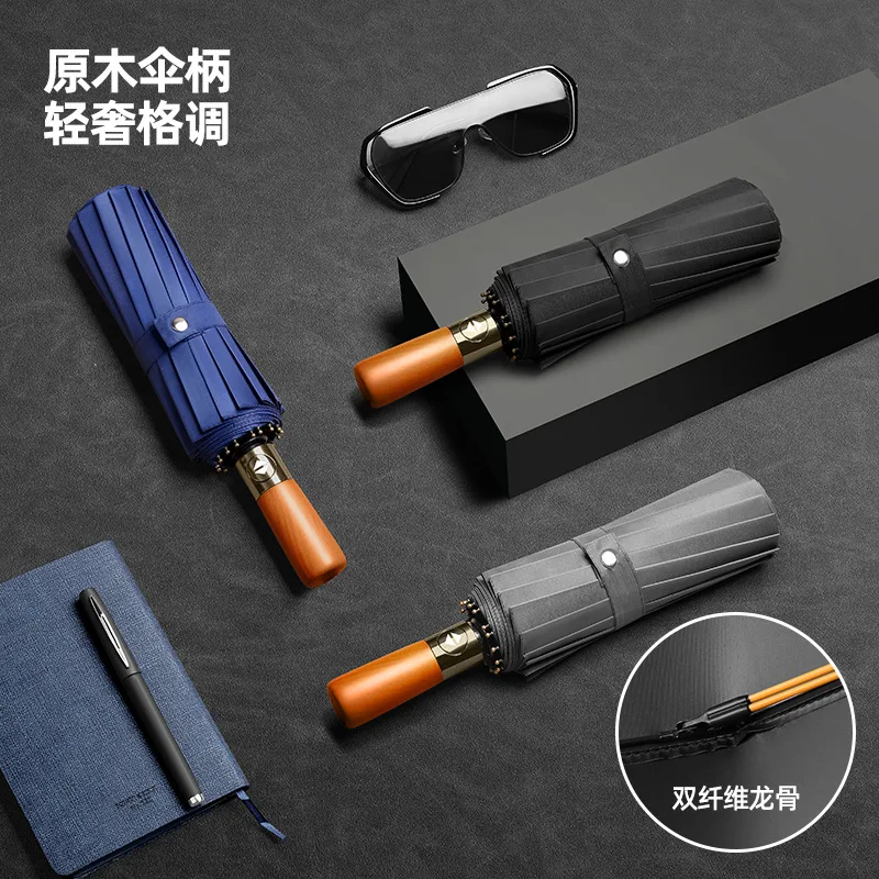 

Мужской полностью автоматический зонт с деревянной ручкой, 24 спицы – очень большой, ветрозащитный, с черным покрытием, защита от УФ-излучения, складной, 2-в-1