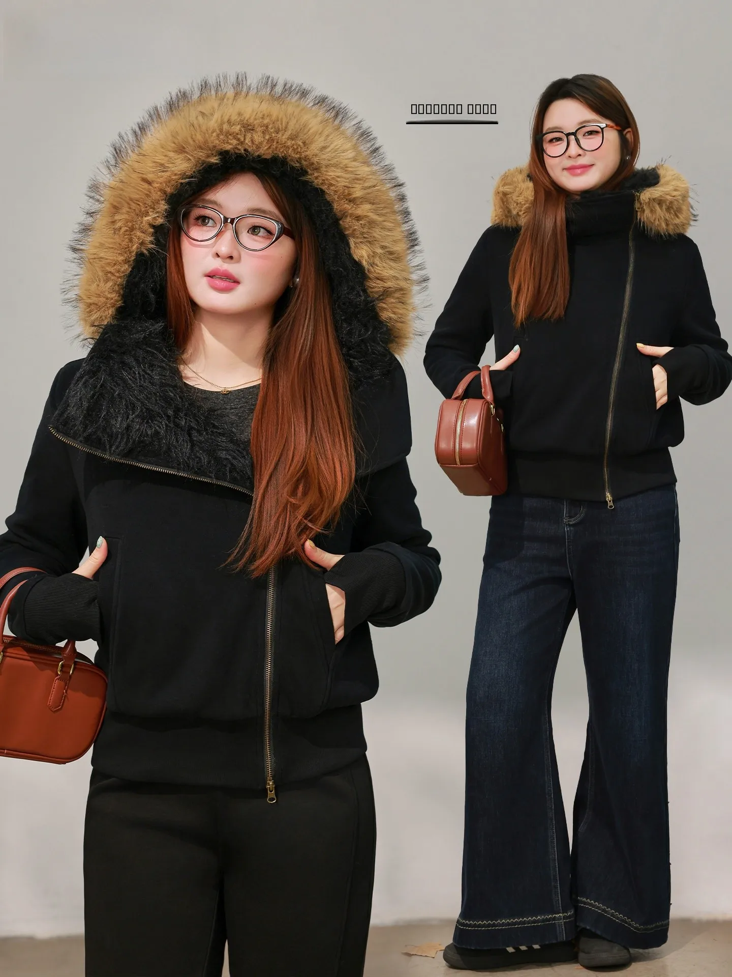 

Faionable Winter Hooded Jaet DM00 plus Size Women's Clothing Fluffy Fur Collar Slimming Effect Comfortable Sweatirt Ou...