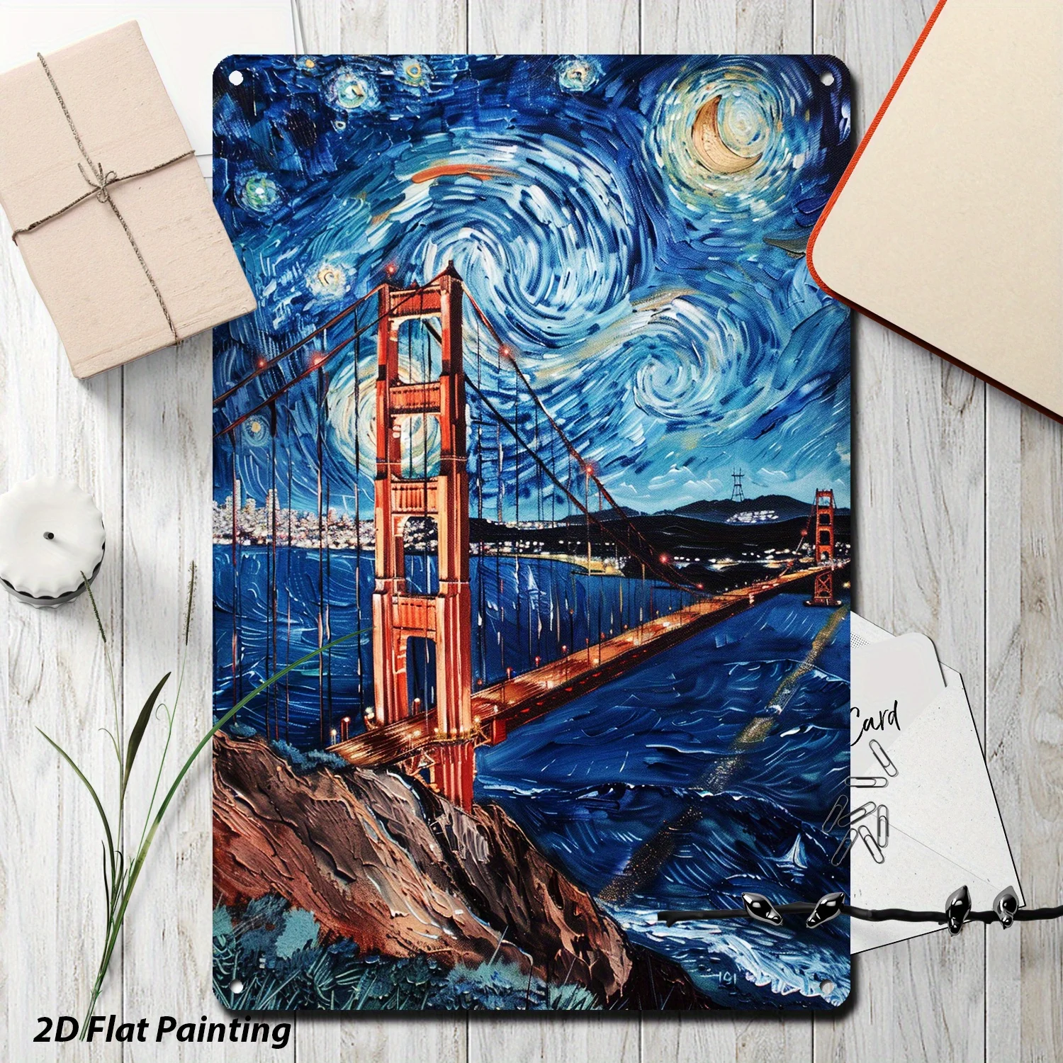 Plaque en étain vintage 2D plate 8x12 pouces (20cm x 30cm) avec paysage de la Golden Gate Bridge et ciel étoilé, thème San Francisco, pour décoration