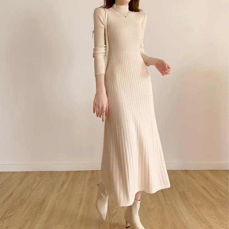 Sweater Dress Women Long Dresses Knitted Mock Neck High Waist A Line Solid Casual Autumn Winter Knit Vestidos Elegant Y2k Tops
