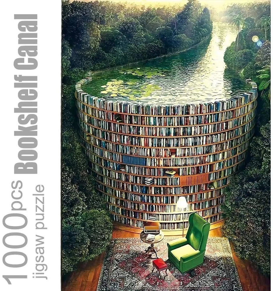 Jigsaw Puzzles 1000 PCS for Adults：Bookshelf Canal ，Educational Fun Game Intellectual Decompressing Interesting Puzzle