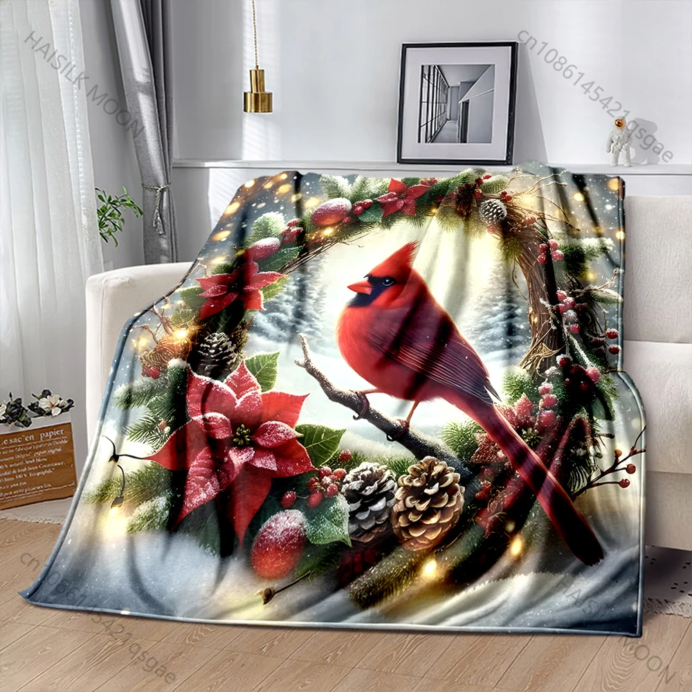 Festive Wreath with Red Cardinal Pattern Blanket Flannel Material Soft Warm for All Seasons, Home Outdoor Camping Picnics RV