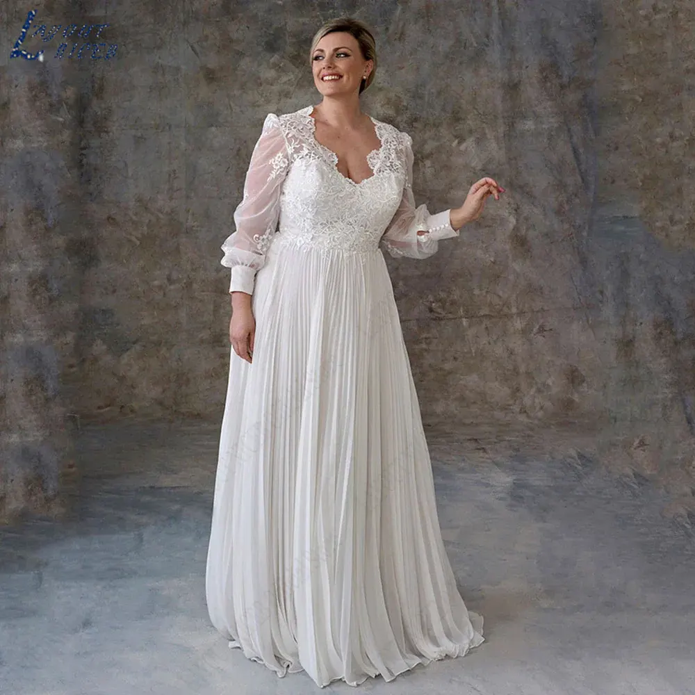 LAYOUT NICEB V-hals Plus size Appliques Bruidsjurk Volledige pofmouwen A-lijn trouwjurken chiffon rugknoppen vestido de noviaLAYOUT NICEB V-hals Plus size Appliques Bruidsjurk Volledige pofmouwen A-lijn trouwjurken chi