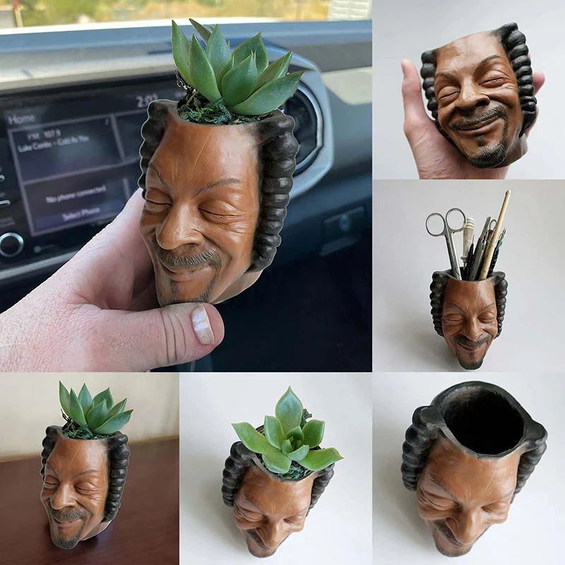 Rapper Snoop Dogg Flower Pot Human Face Vase Man Human Smile Face Planter Pot Pen Pencil Holder Desktop Home Garden Decor