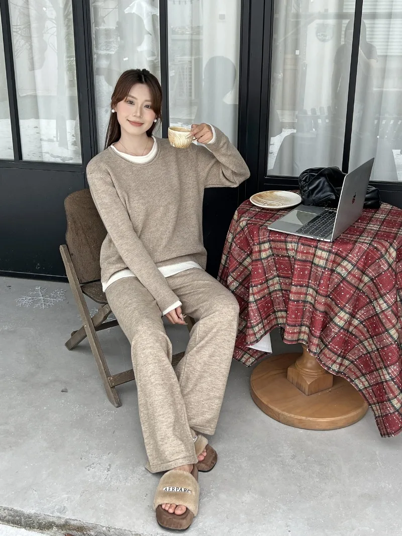 New Korean Fashion Two Piece Set Women Casual Knitted Wool Patchwork Long Sleeve Sweater Tops + Wide Leg Pants Trousers Sets