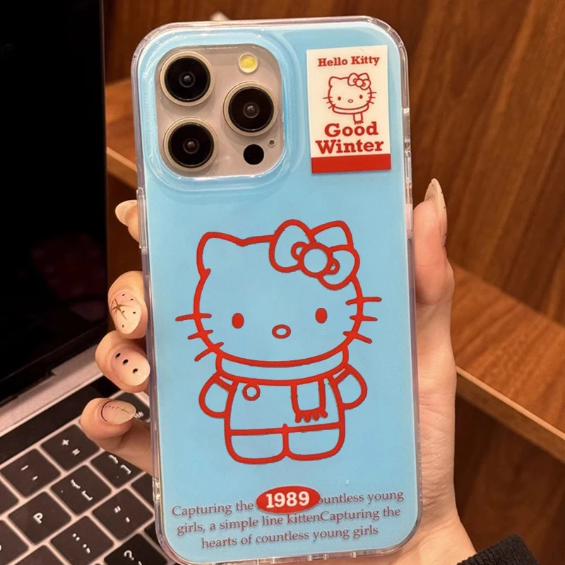 Sanrio Lines Hello Kitty Red Blue Contrasting INS Phone Case For iPhone 16 15 14 13 12 11 Pro Max XR XS Max 7 8 Plus MINI Y2k