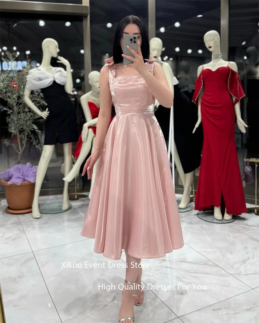 فستان سهرة أنيق باللون الأزرق الداكن من Xikuo بفتحة رقبة مربعة من Vestidos Largos بفيونكة لامعة بدون أكمام من Vestidos De Fiesta Mujer مخصص