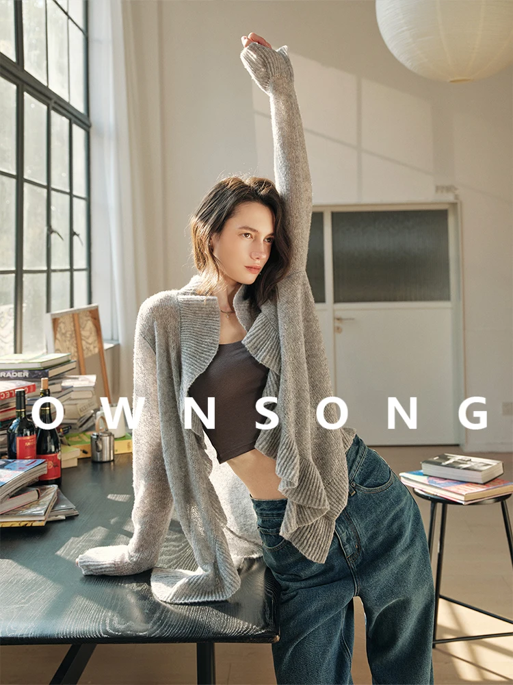 

OWNSONG Romantic Lace Trim Knitted Cardigan Women's Soft Lazy Cashmere Long Sleeve V-Neck Mid-Length Pure Color Breathable