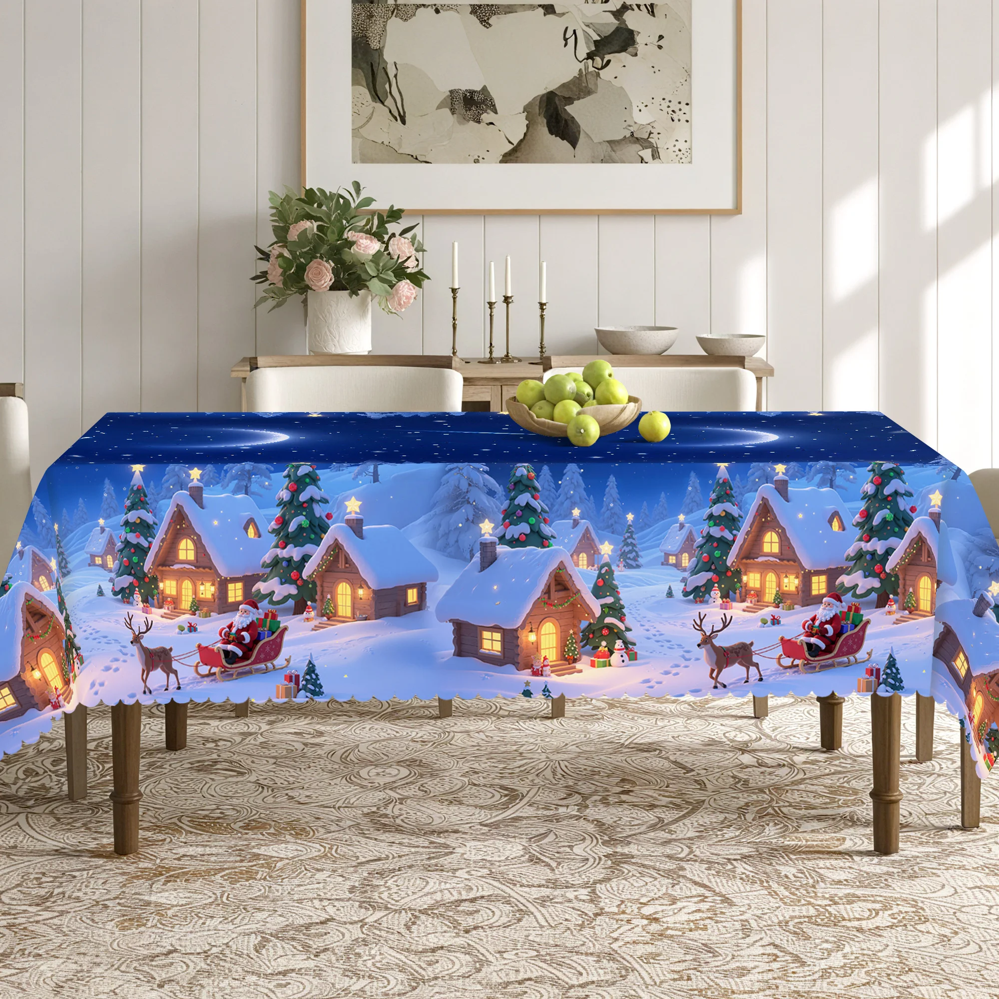 1 Christmas night sky tablecloth, perfect for Christmas decorations, round tablecloth, easy care, edge embossing craft