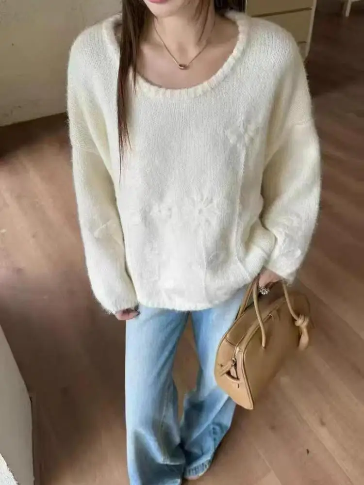 

Autumn Winter New Grey White Round Neck Long Sleeved Pullover Sweater For Women Green Vacation Short Knitted Tops Korean Vintage