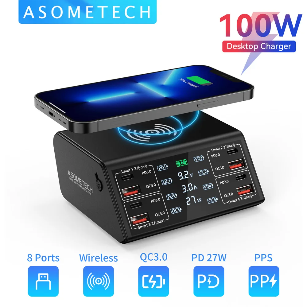 ASOMETECH 100W USB C Fast Charger Station,4 QC3.0 + 4 PD3.0 PPS + Wireless Charging,9 in 1 USB Charger For Samsung iPhone iPAD