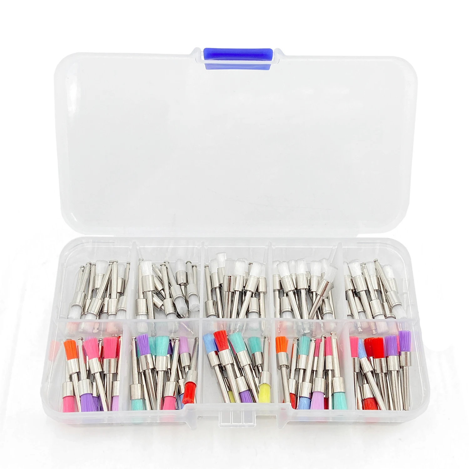 100 sztuk WELL CK materiały dentystyczne Prophy szczotka profilaktyczna kolor biały nylon szczotki do polerowania chwyt RA 2.35mm polerka stomatologiczna