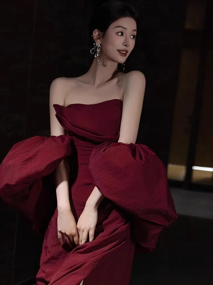 2025 French Satin High-End Design Strapless Toasting Wedding Engagement Red Banquet Host Evening Dress Slim Long Dress