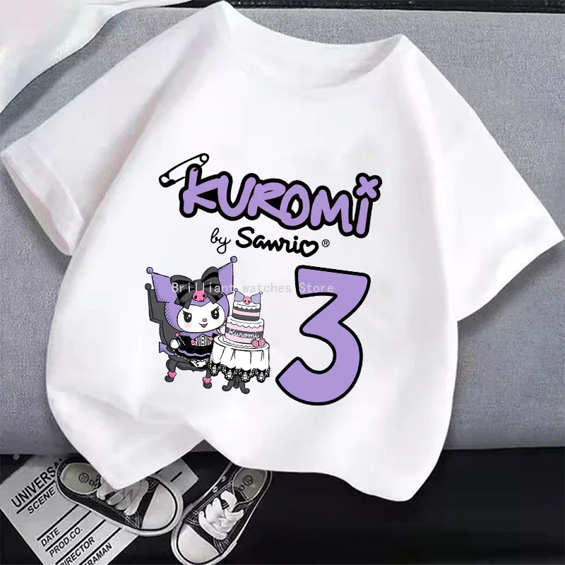 Kuromi New T-shirt for Children Sanrio Cartoon Figure Black White T-shirt Cute Cotton Short Sleeve Boy Girl Loose Clothing Gift