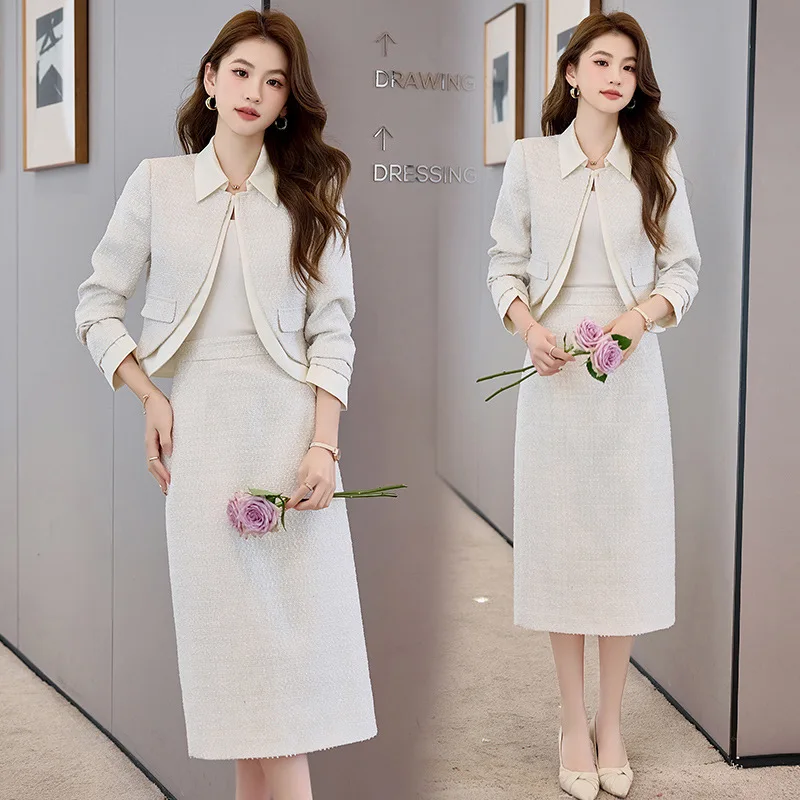 Women's coarse woolen two-piece spliced lapel jacket+skirt 2025 new autumn/winter small fragrance style set
