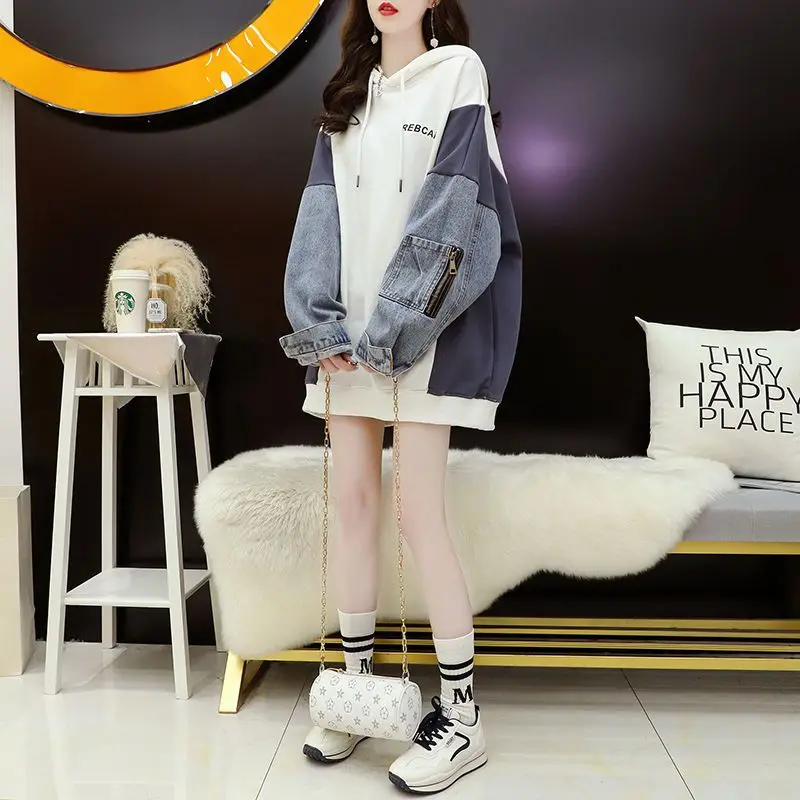 Women Spring Autumn Korean New Hooded Sweatshirts Fashion Design Denim Splicing Zipper Letter Casual Long Sleeved Versatile Tops