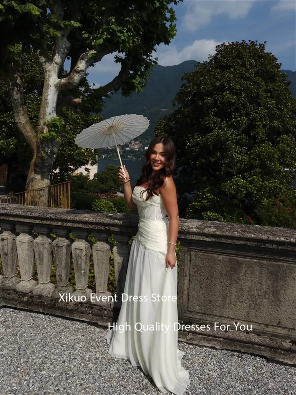 فساتين سهرة طويلة من الشيفون من Xikuo مكشكشة على شكل حرف A أنيقة من فيستدوس دي غالا بدون حمالات مطوي مكشكشة حسب الطلب
