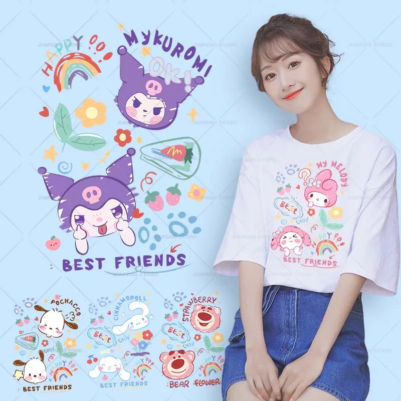 Kuromi Cinnamoroll Printed Stickers For Clothes Cute Sanrio Cartoon Patches Iron on Transfers On Girl T-shirt Applique