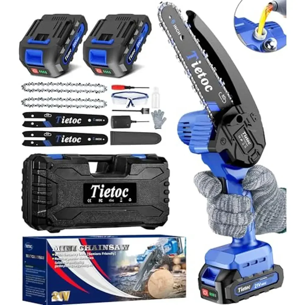 Akumulatorowa mini piła łańcuchowa 6-calowa przenośna piła elektryczna z 2 bateriami Piła łańcuchowa Małe kłody i gałęzie Automatyczne bezpieczeństwo olejarki