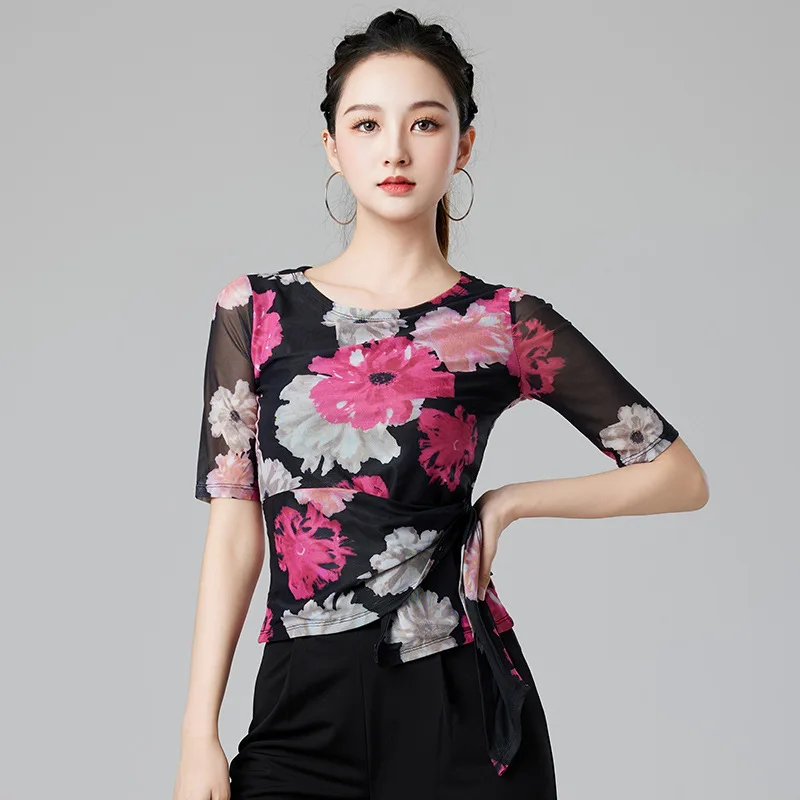 توب مطبوع برقبة مستديرة للإناث البالغات ، قميص أداء الرقص اللاتيني ، المعيار الوطني ، ملابس ممارسة الرقص في قاعة الرقص ، جديد ، الخريف