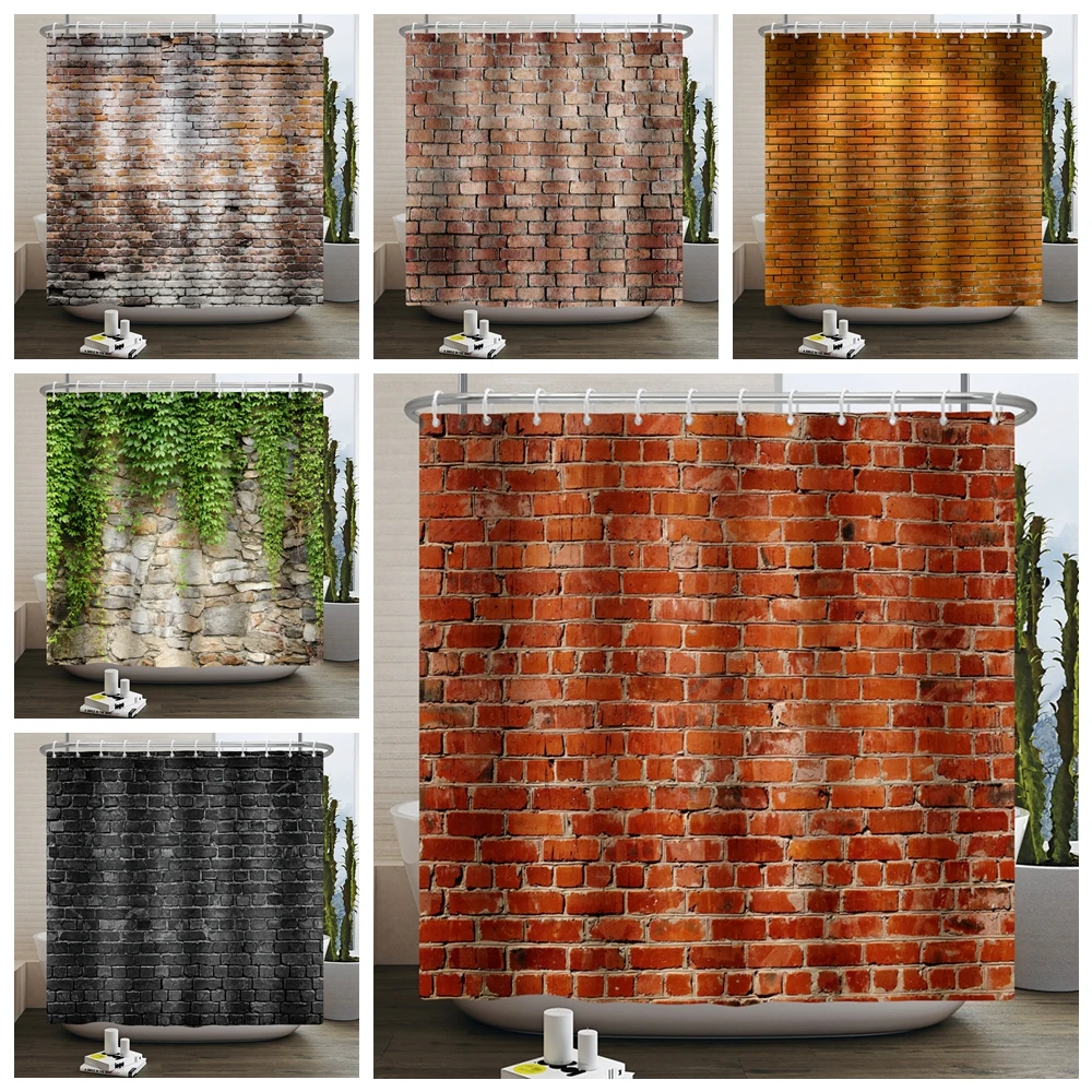 Vintage Red Brown Brick Shower Curtain Retro Stone Brick Rocks Waterproof Shower Curtain for Bathroom Bathtub Curtain Home Decor