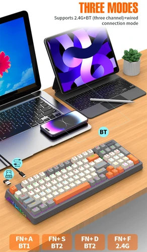 Imagen 2 del producto Teclado mecánico inalámbrico español con Ñ96 teclas Diseño 100% Teclado mecánico español con la Ñ ruso coreano árabe Conexión Bluetooth Intercambio en caliente Luz RGB K95 2000 mAh Batería grande Ergonomía